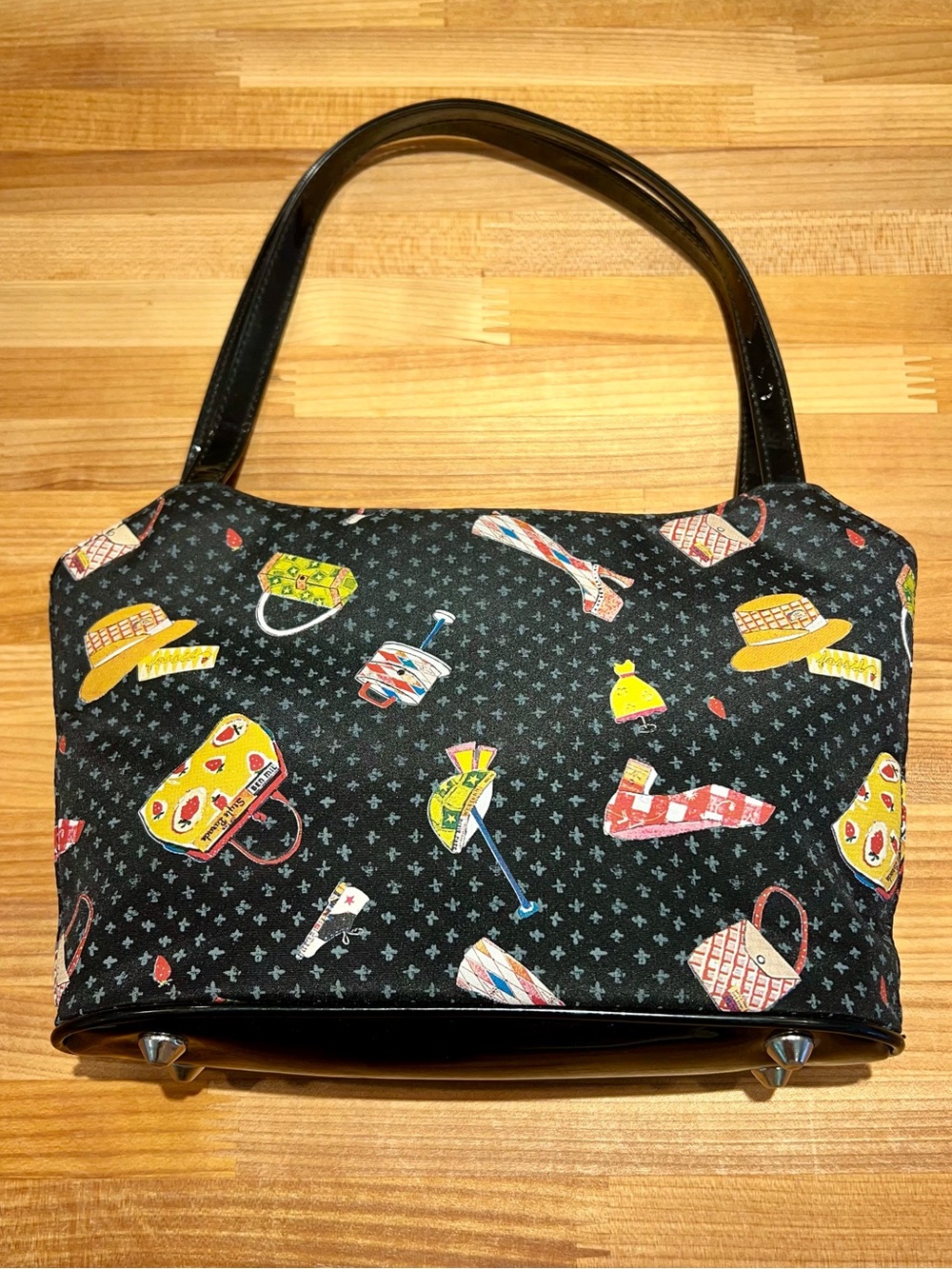 👛Forever by Fossil Y2K Black Handbag with Colorful Shoes/Hats/Bags Print